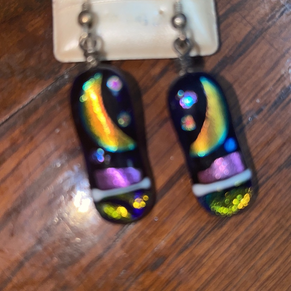 2/$50 FUSED GLASS‎ DANGLING EARRINGS, Painted Moon, Multi Colored & Sparkly